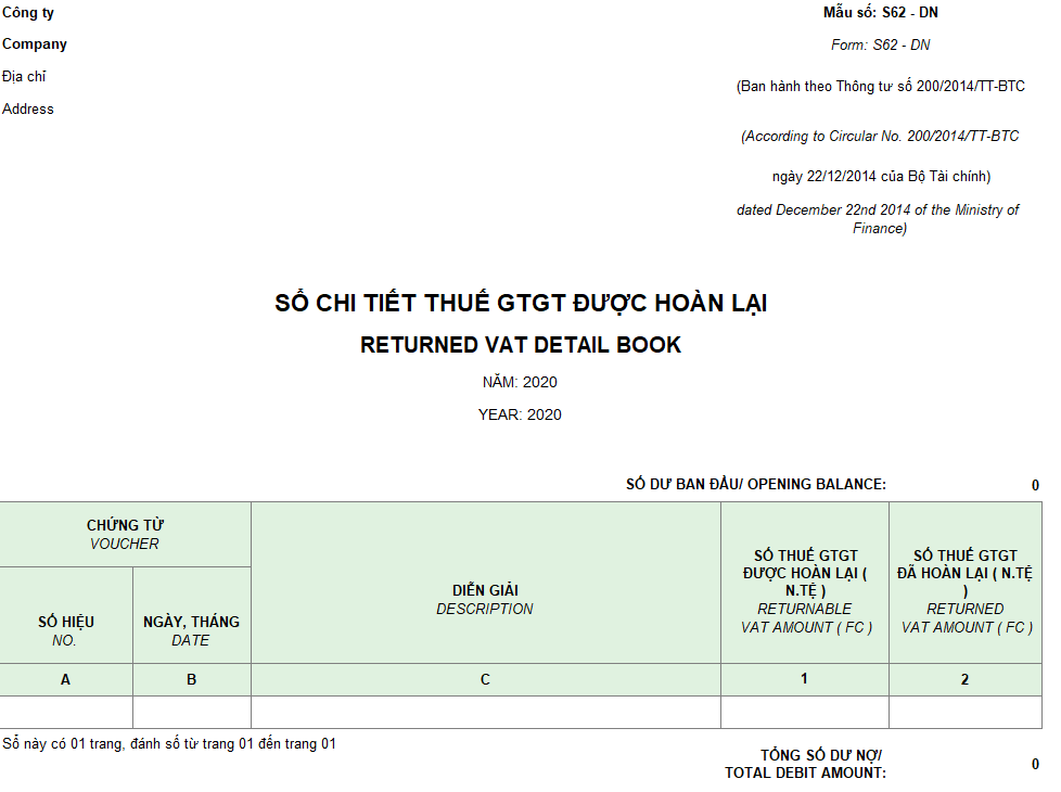 Mẫu sổ chi tiết thuế GTGT được hoàn lại ( Song ngữ - Ngoại tệ ) theo TT 200