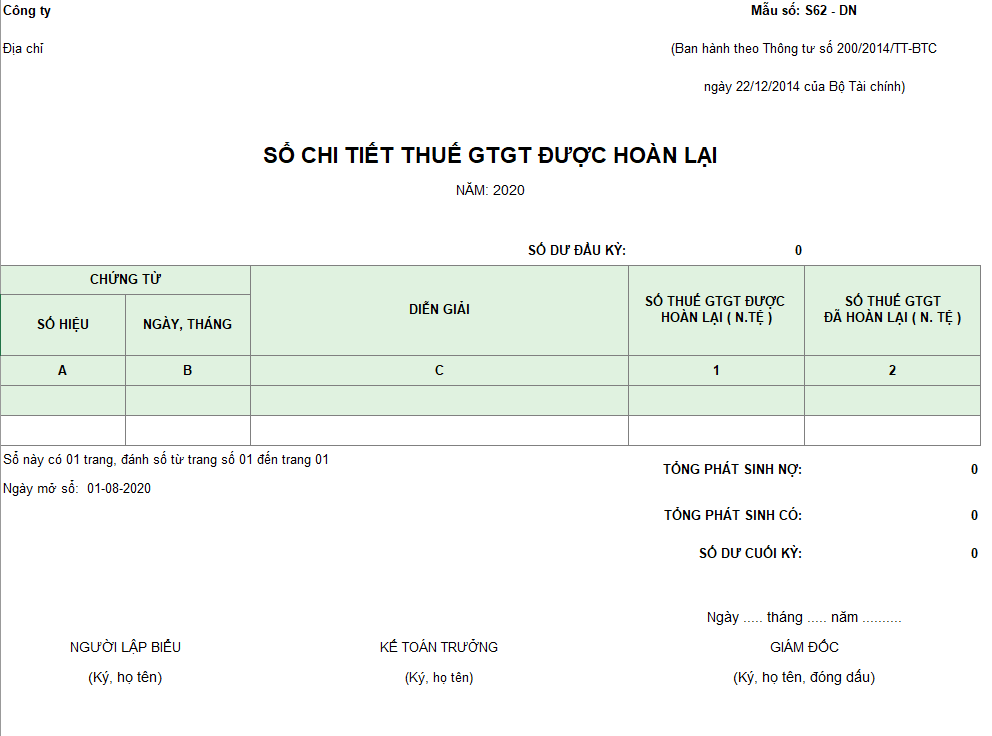 Mẫu sổ chi tiết thuế GTGT được hoàn lại ( Ngoại tệ ) theo TT 200