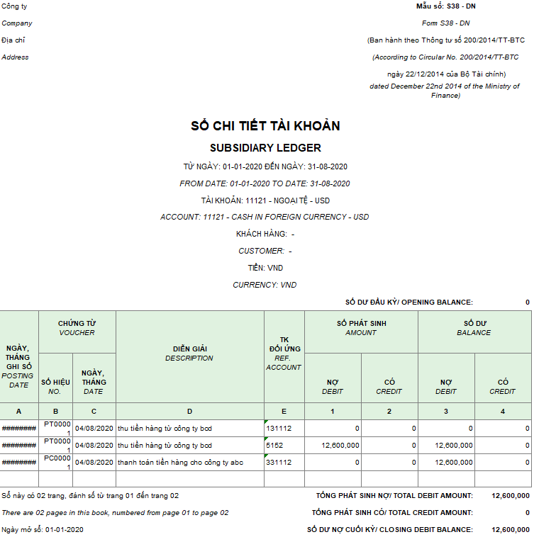 Mẫu sổ chi tiết tài khoản ( Song ngữ ) theo TT 200