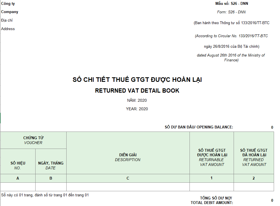 Mẫu sổ chi tiết thuế GTGT được hoàn lại ( Song ngữ ) theo TT 133