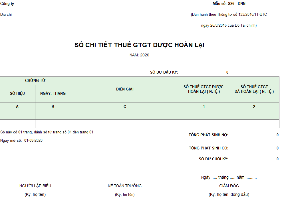 Mẫu sổ chi tiết thuế GTGT được hoàn lại ( Ngoại tệ ) theo TT 133
