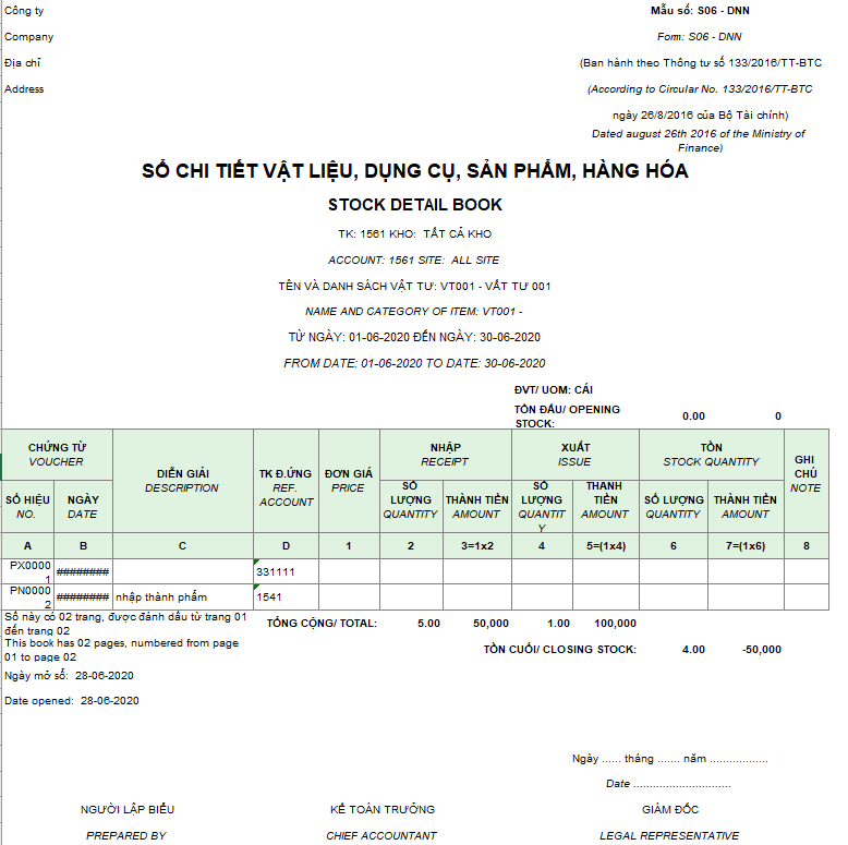 Mẫu sổ chi tiết vật liệu, dụng cụ, SP, hàng hóa ( Song ngữ ) S10-DN theo TT 133