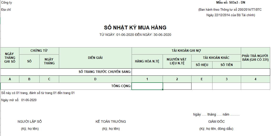 Mẫu sổ nhật ký mua hàng ( Ngoại tệ) theo TT200/2014/TT-BTC