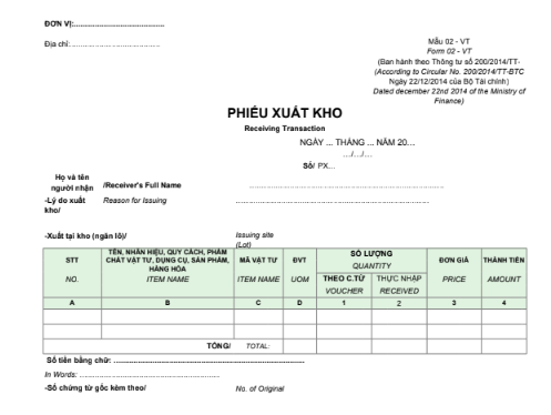 Mẫu phiếu xuất kho - SONG NGỮ theo TT200/2014/TT-BTC ngày 22/12/2014 của Bộ Tài chính