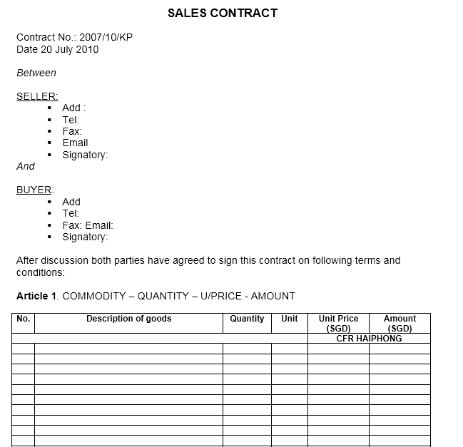 Mẫu hợp đồng mua bán - SALES CONTRACT ( TIẾNG ANH )