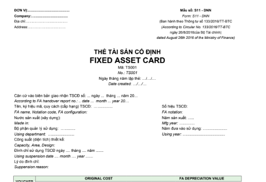 Mẫu thẻ tài sản cố định (FIXED ASSET CARD)-SONG NGỮ theo TT133/2016/TT-BTC ngày 26/08/2016 của Bộ Tài chính