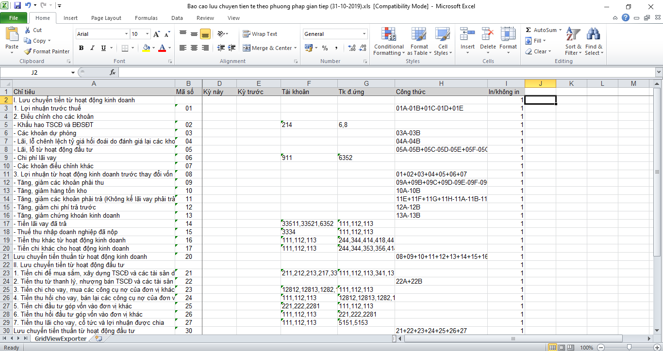 File Excel báo cáo lưu chuyển tiền tệ nhặt theo phương pháp gián tiếp của TT200 có công thức