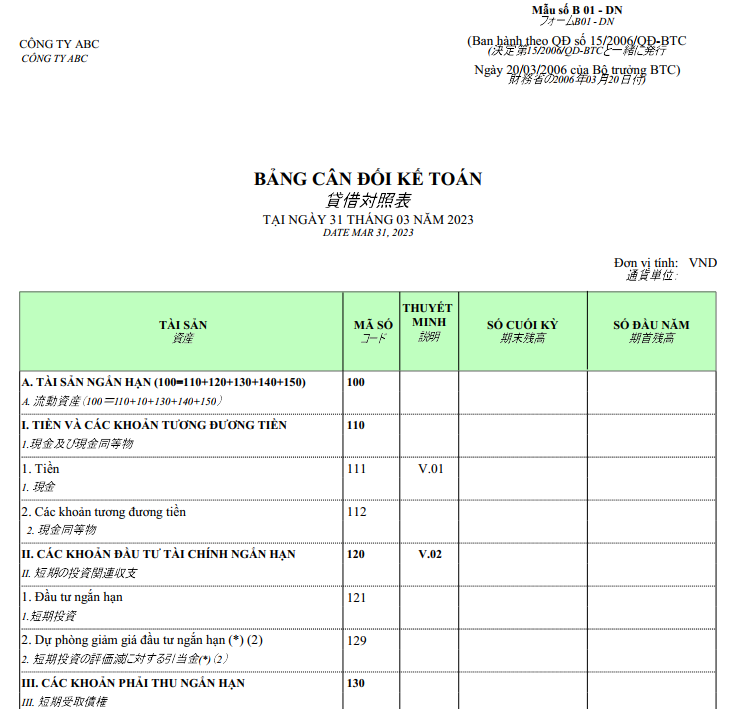 Mẫu bảng cân đối kế toán ( SONG NGỮ - TIẾNG NHẬT )