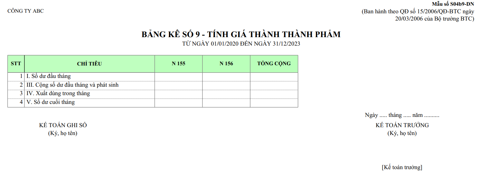 Mẫu bảng kê số 9 - Tính giá thành thành phẩm