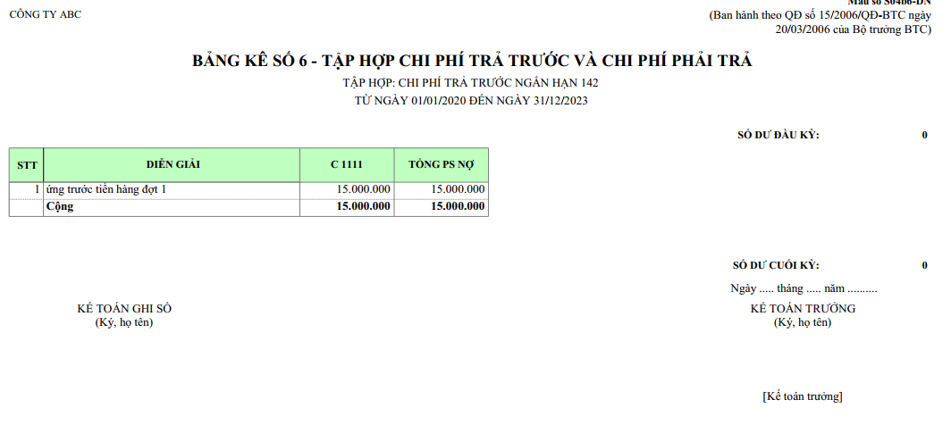 Mẫu bảng kê số 6 - Tập hợp chi phí trả trước và chi phí phải trả