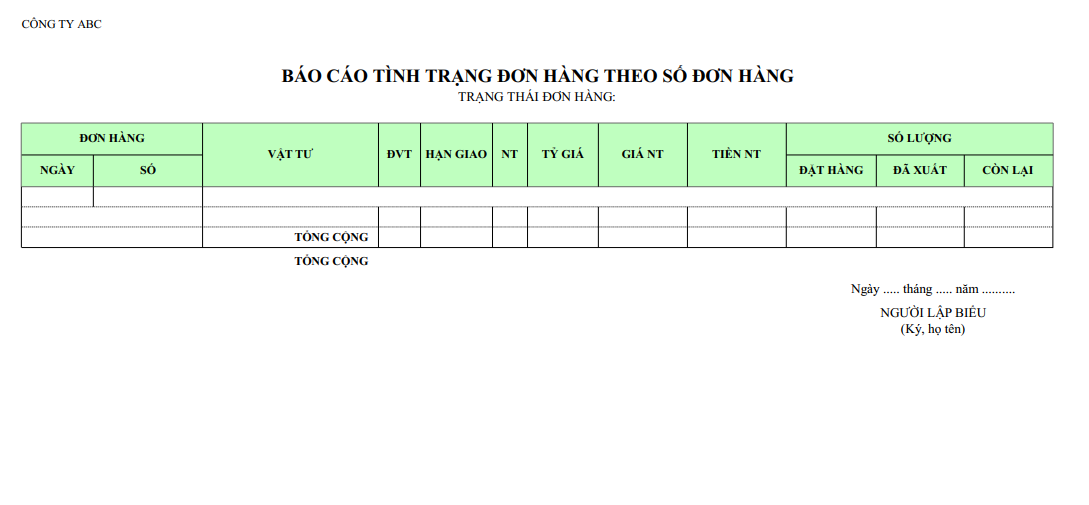 Mẫu báo cáo tình trạng đơn hàng theo số đơn hàng ( Ngoại tệ )