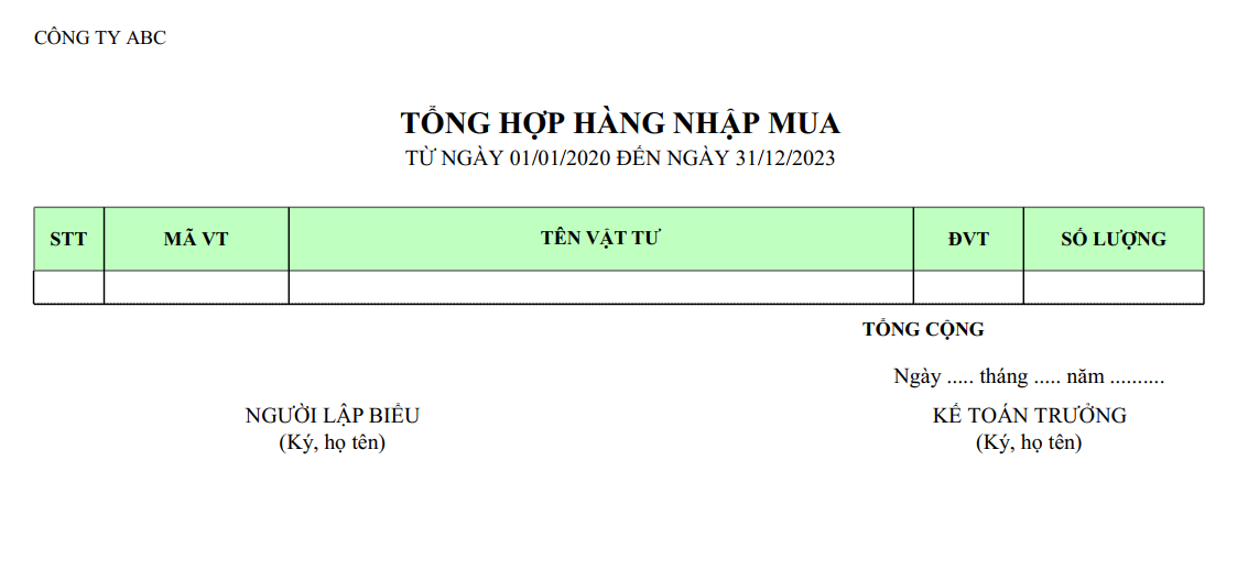 Mẫu tổng hợp hàng nhập mua