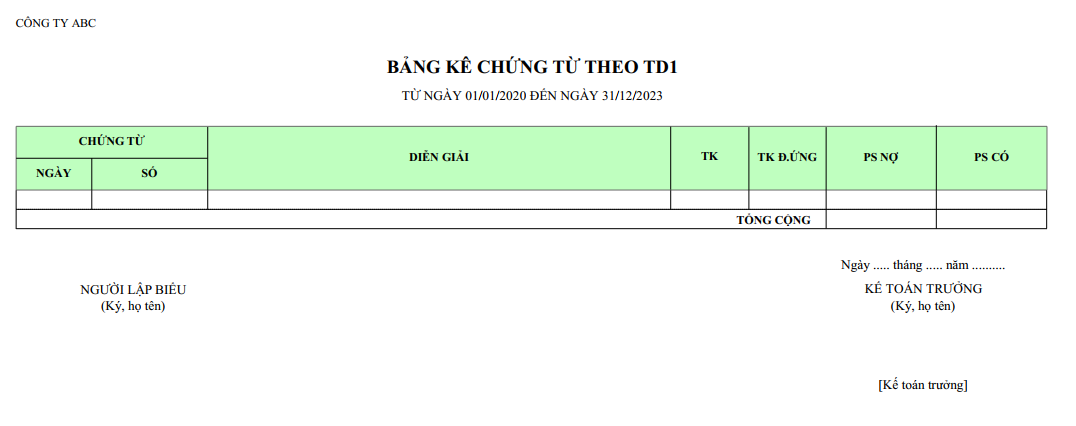 Mẫu bảng kê chứng từ theo trường tự do