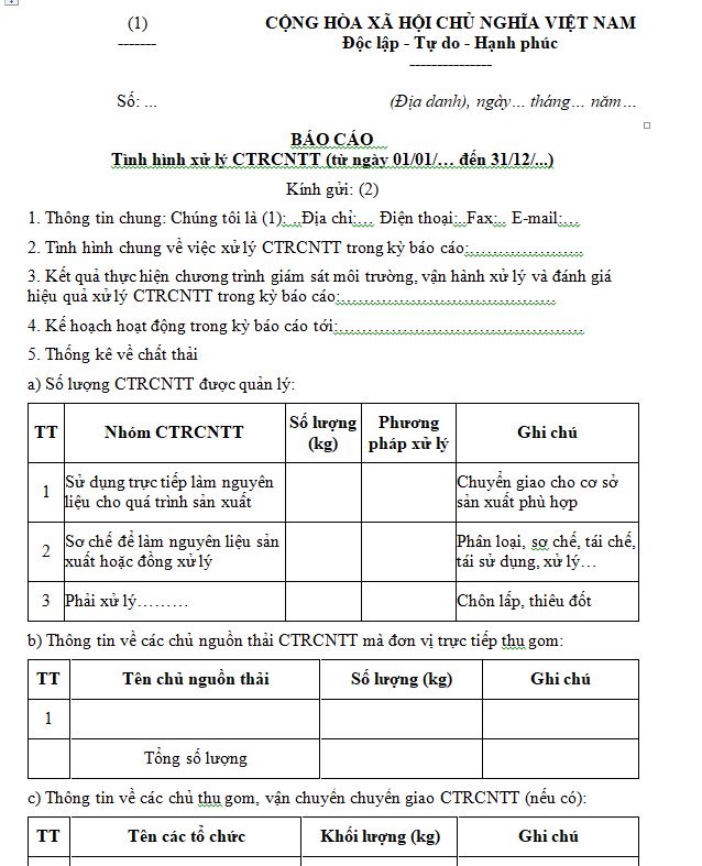 Mẫu báo cáo tình hình xử lý chất thải rắn công nghiệp thông thường