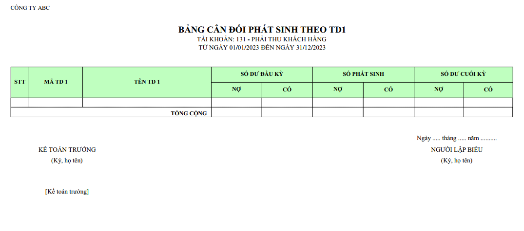 Mẫu bảng cân đối phát sinh theo trường tự do