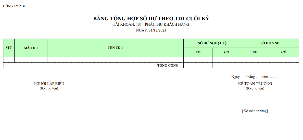 Mẫu bảng tổng hợp số dư theo trường tự do cuối kỳ ( Ngoại tệ )