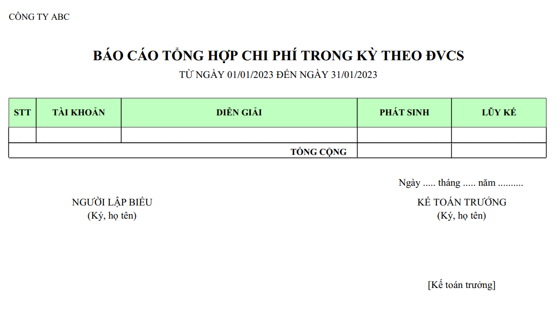 Mẫu báo cáo tổng hợp chi phí trong kỳ theo ĐVCS