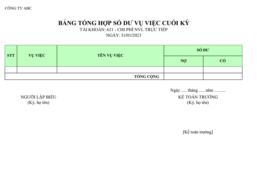 Mẫu bảng tổng hợp số dư vụ việc cuối kỳ