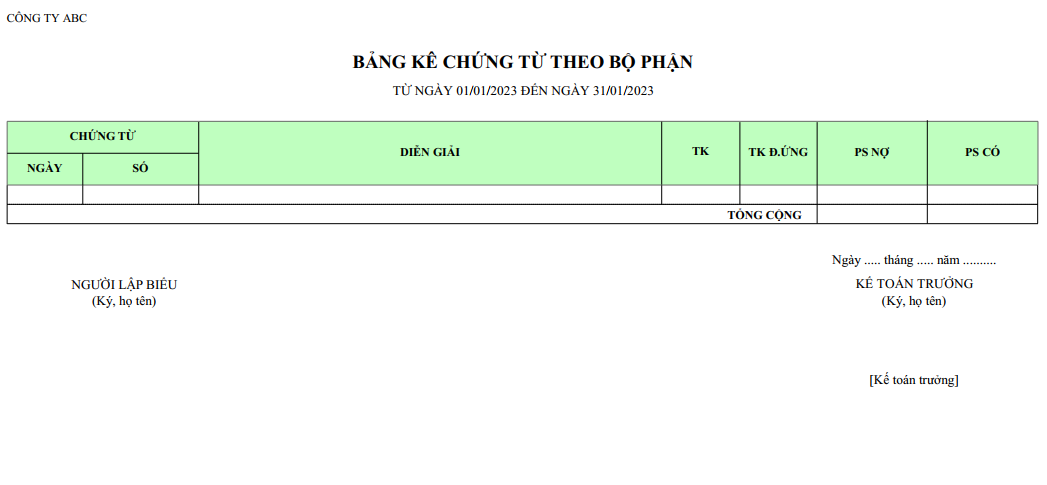 Mẫu bảng kê chứng từ theo bộ phận