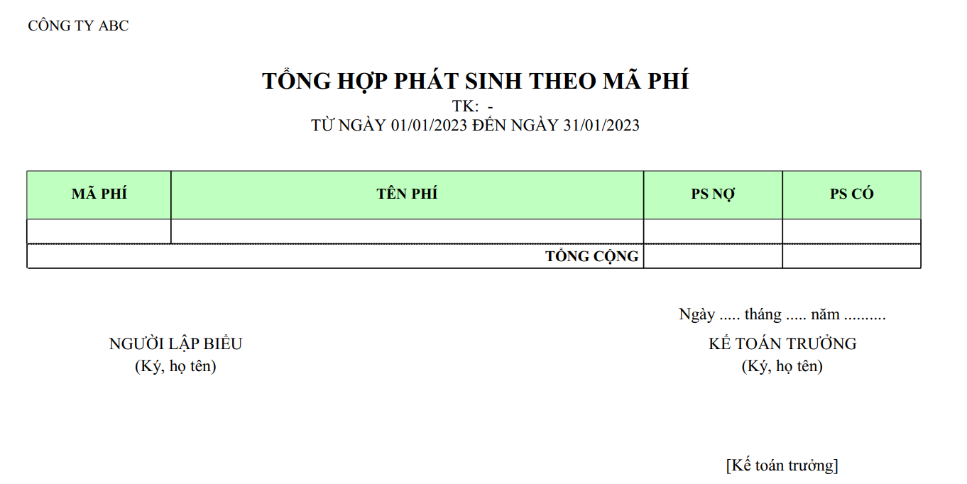 Mẫu tổng hợp phát sinh theo mã phí