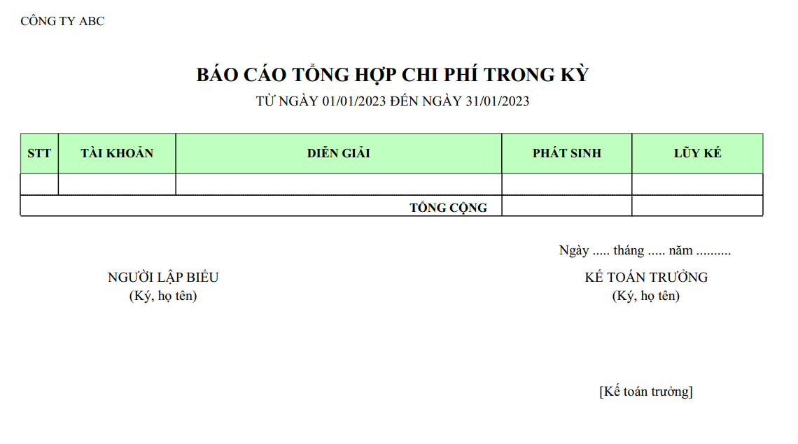 Mẫu báo cáo tổng hợp chi phí trong kỳ