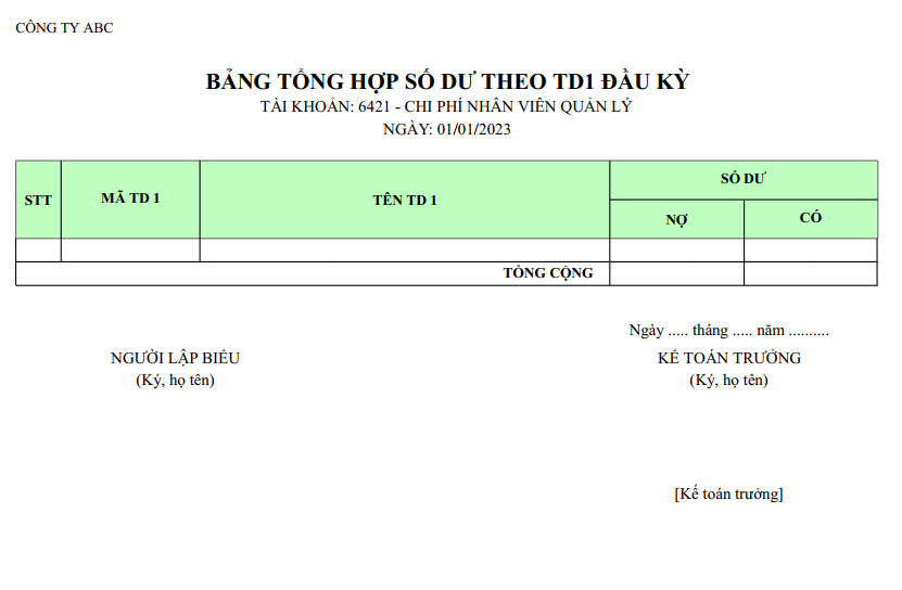 Mẫu bảng tổng hợp số dư các trường tự do đầu kỳ