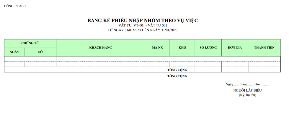 Mẫu bảng kê phiếu nhập nhóm theo vụ việc ( Số lượng và giá trị )