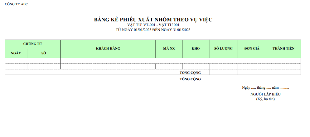 Mẫu bảng kê phiếu xuất nhóm theo vụ việc ( Số lượng và giá trị  )