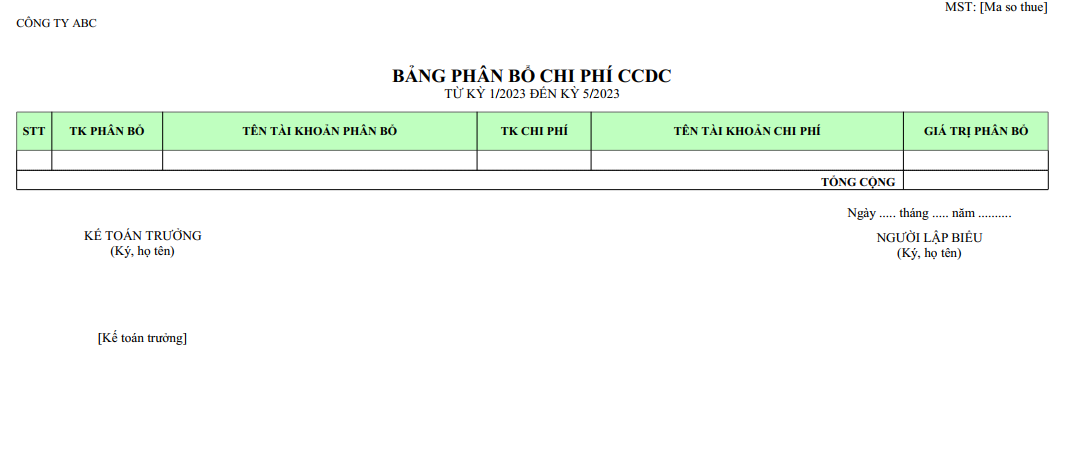 Mẫu bảng phân bổ chi phí CCDC