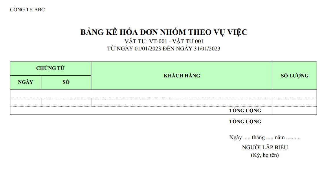 Mẫu bảng kê hoá đơn nhóm theo vụ việc