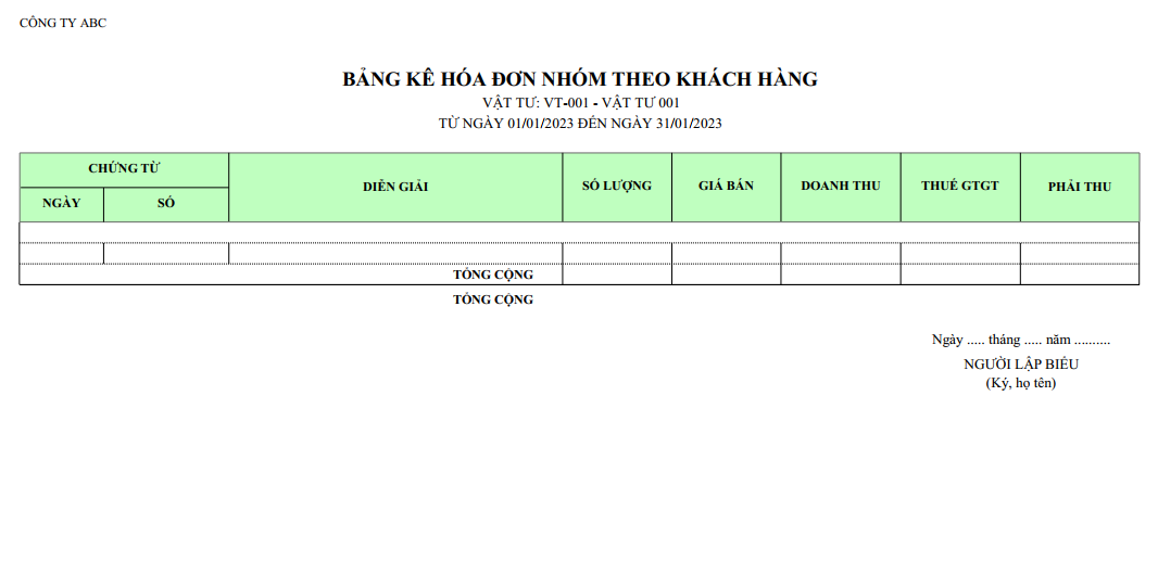 Mẫu bảng kê hoá đơn nhóm theo khách hàng ( Số lượng và giá trị )