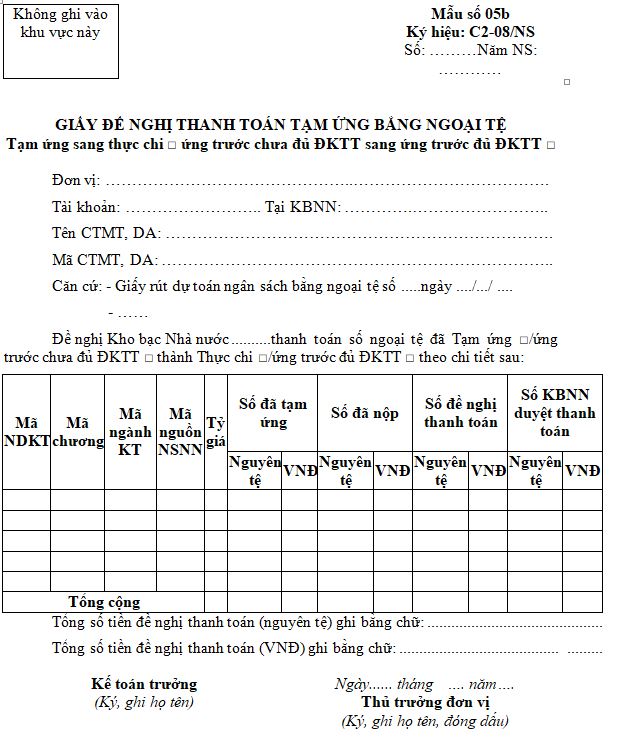 Mẫu C2-08/NS - Giấy đề nghị thanh toán tạm ứng, ứng trước bằng ngoại tệ