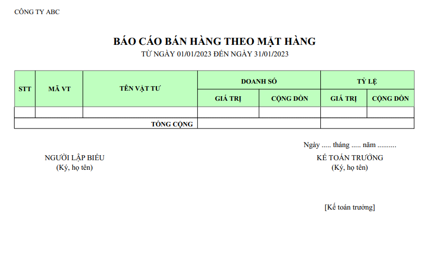 Mẫu báo cáo bán hàng theo mặt hàng