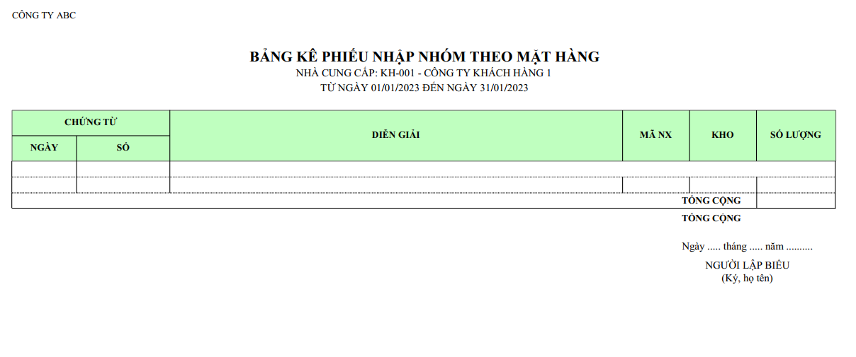 Mẫu bảng kê phiếu nhập nhóm theo mặt hàng
