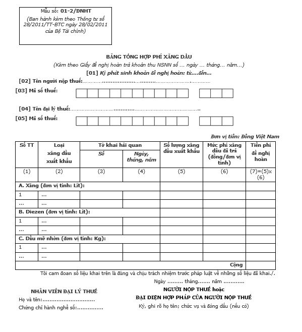 Mẫu số 01-2/ĐNHT: Bảng tổng hợp phí xăng dầu
