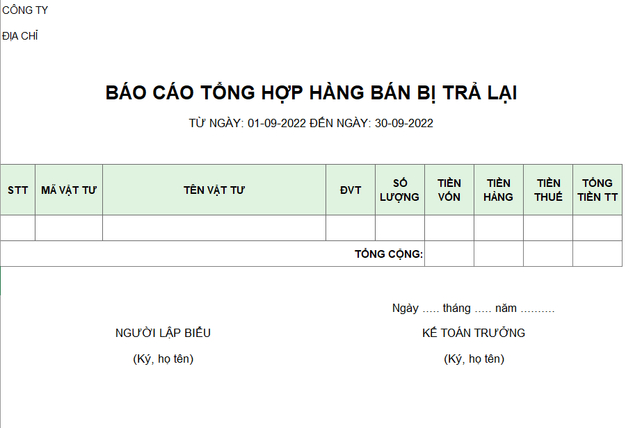 Mẫu báo cáo tổng hợp hàng bán bị trả lại ( có giá vốn )