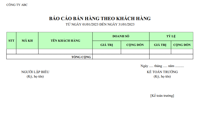 Mẫu báo cáo bán hàng chi tiết theo khách hàng