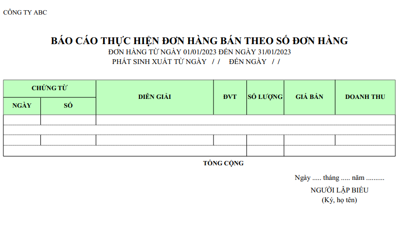 Mẫu báo cáo thực hiện đơn hàng bán theo số đơn hàng