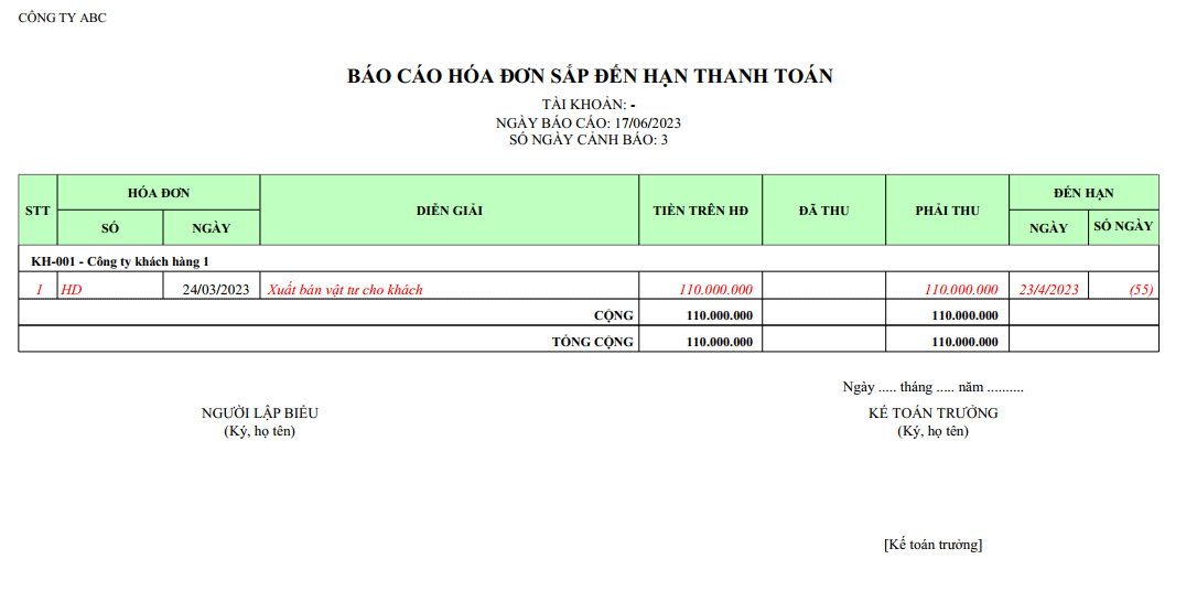 Mẫu báo cáo hoá đơn sắp đến hạn thanh toán