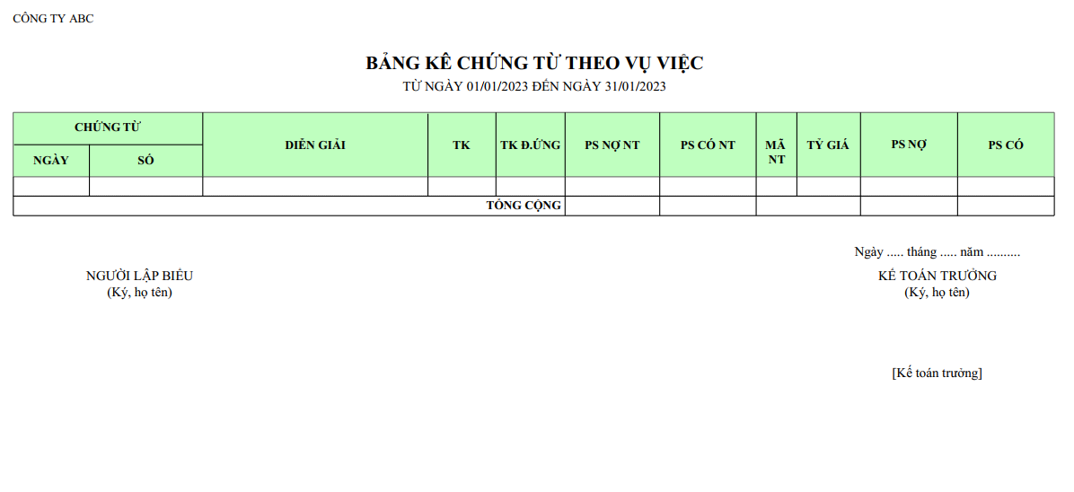 Mẫu bảng kê chứng từ theo vụ việc ( NGOẠI TỆ )