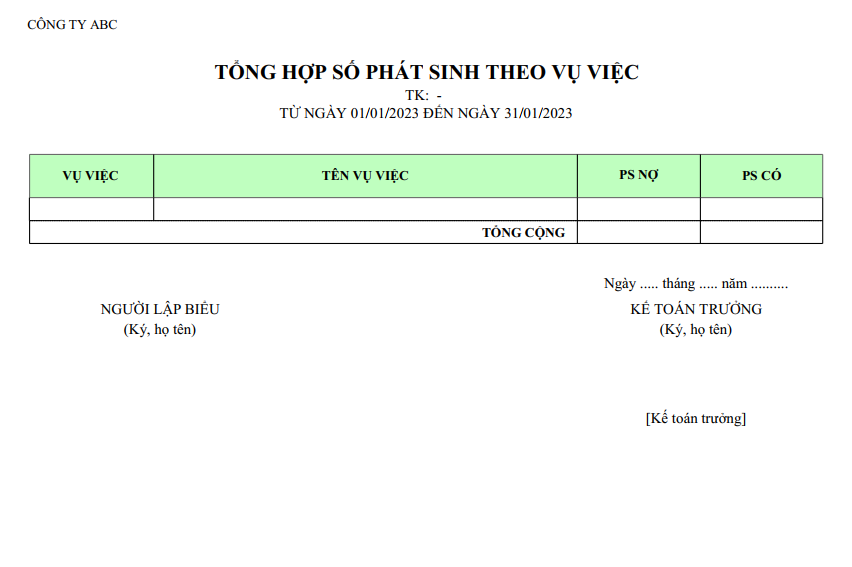 Mẫu tổng hợp phát sinh theo vụ việc