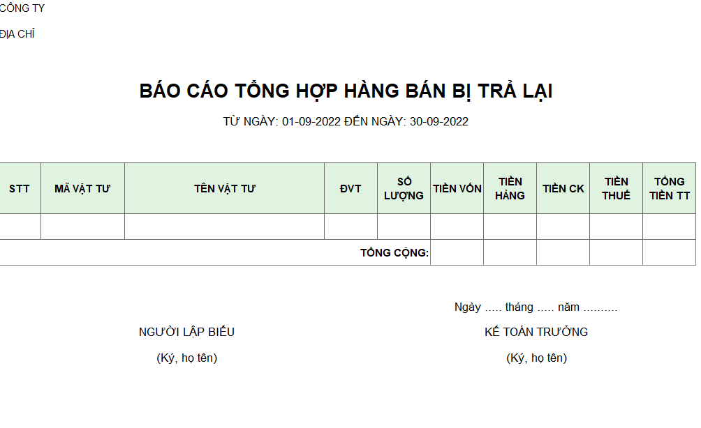 Mẫu báo cáo tổng hợp hàng bán bị trả lại ( có giá vốn, có chiết khấu )