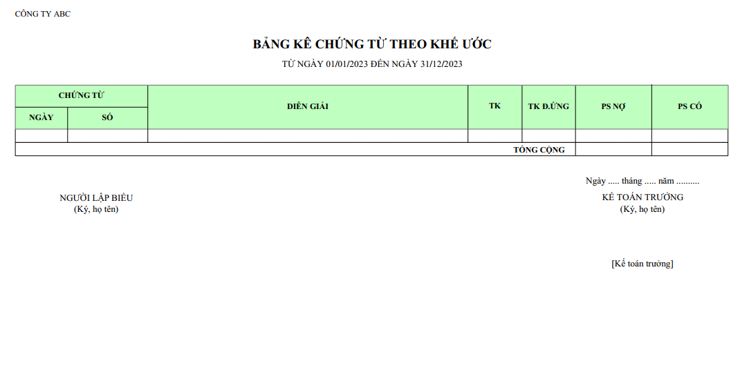 Mẫu bảng kê chứng từ theo khế ước