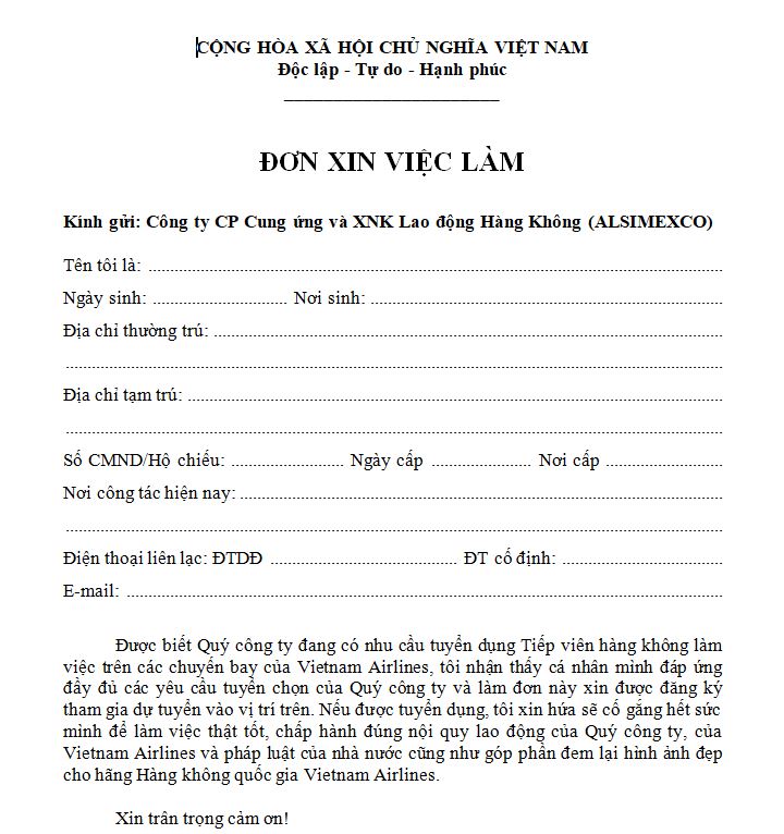 Đơn xin việc làm tiếp viên hàng không Vietnam Airlines