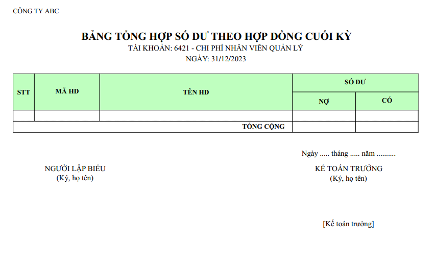 Mẫu bảng tổng hợp số dư hợp đồng cuối kỳ