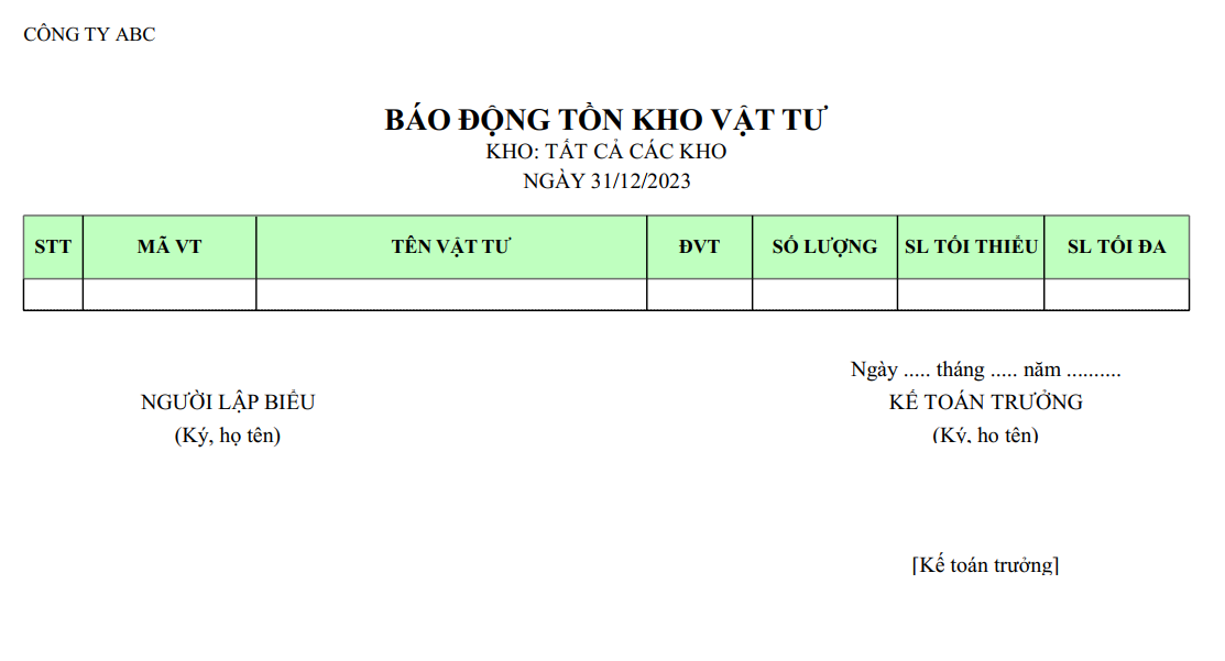 Mẫu báo động tồn kho vật tư