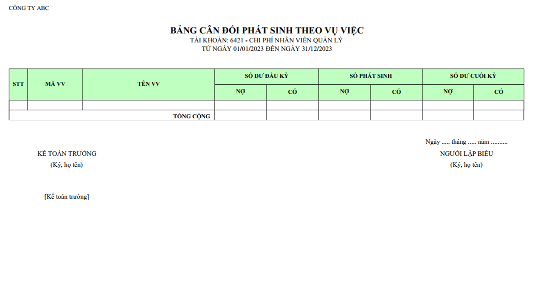 Mẫu bảng cân đối phát sinh theo vụ việc