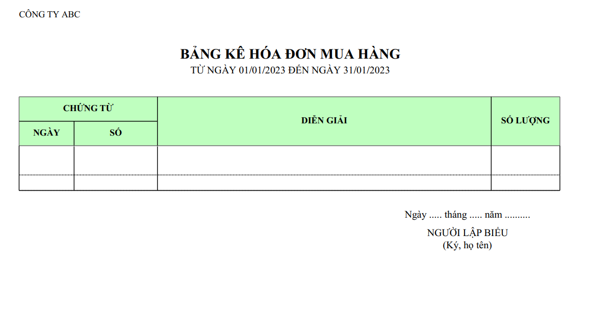 Mẫu bảng kê hoá đơn mua hàng