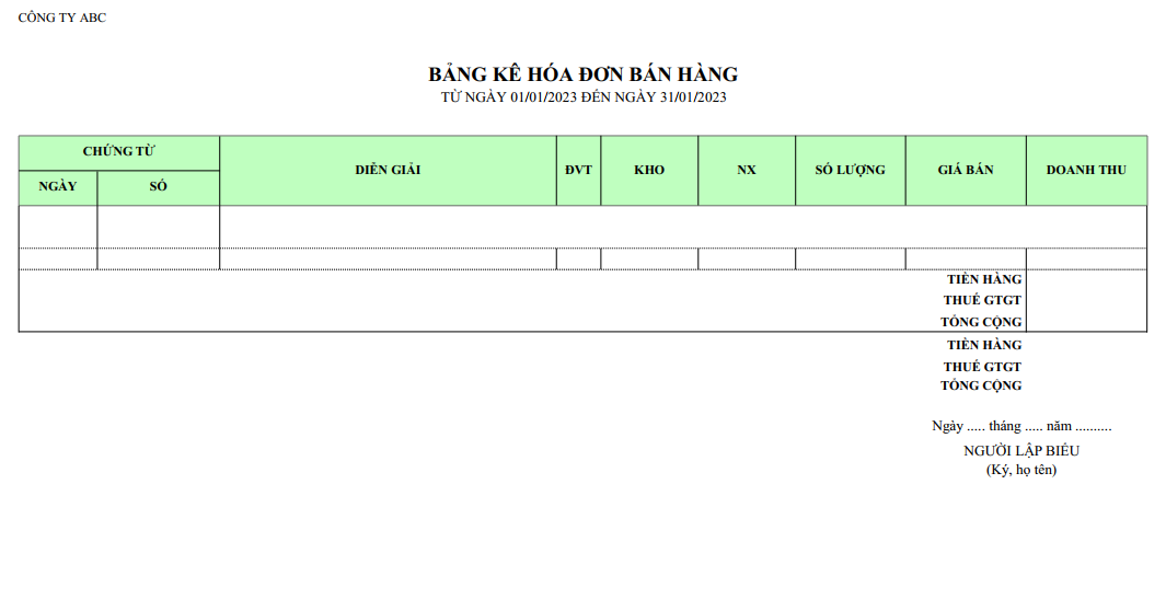 Mẫu bảng kê hoá đơn bán hàng ( Số lượng và giá trị )