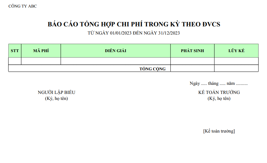 Mẫu báo cáo tổng hợp chi phí trong kỳ theo ĐVCS - Mã phí